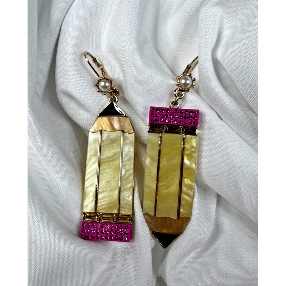 Betsey Johnson Large Pencil Drop Earrings Gold Tone Pink Rhinestone Teacher Gift